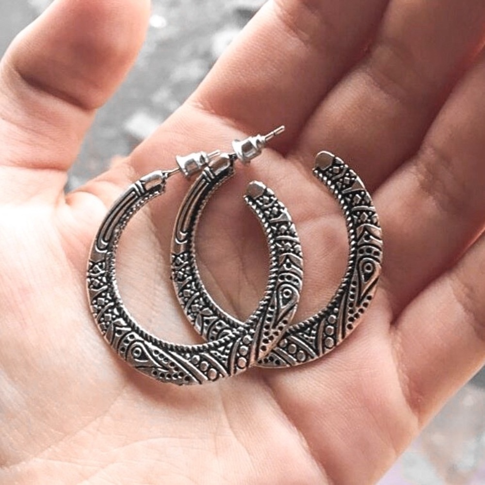 Any 3/$25! Silver Engraved Boho Flat Hoop Earrings - Picture 3 of 10